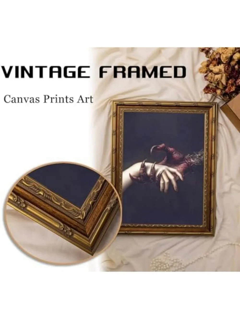 Gothic Vintage Gold Framed Wall Art, Dark Academia Canvas Print, Spooky Decor